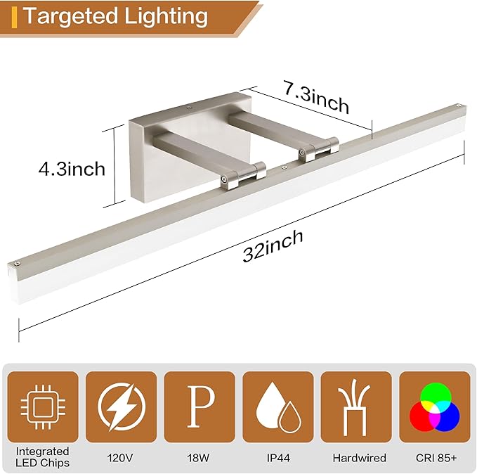 SOLFART Bathroom Lights Over Mirror: 32 Inch Bathroom Vanity Light- Brushed Nickel 6000K LED Hardwired Install Adjustable 180 Degree Bar IP44 Damp Rated ETL Certified