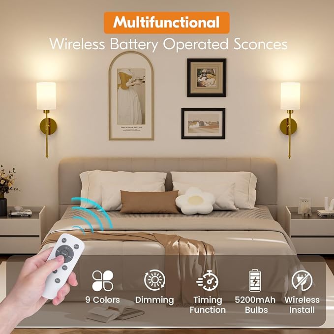 NIORSUN Battery Operated Wall Sconce Set of 2, Gold Wireless Rechargeable Wall Lights with 5200mAh Dimmable Detachable Bulbs and Remote, 9 Colors Sconces Wall Decor for Bedroom Living Room Hallway