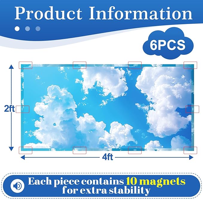 Biubee Fluorescent Light Covers with 10 Strong Magnets - 6 Pack Magnetic Light Covers Filter for Ceiling Lights Classroom to Eliminate Harsh Glare, Flame Retardant Fabric, 4 x 2 FT, White Cloud