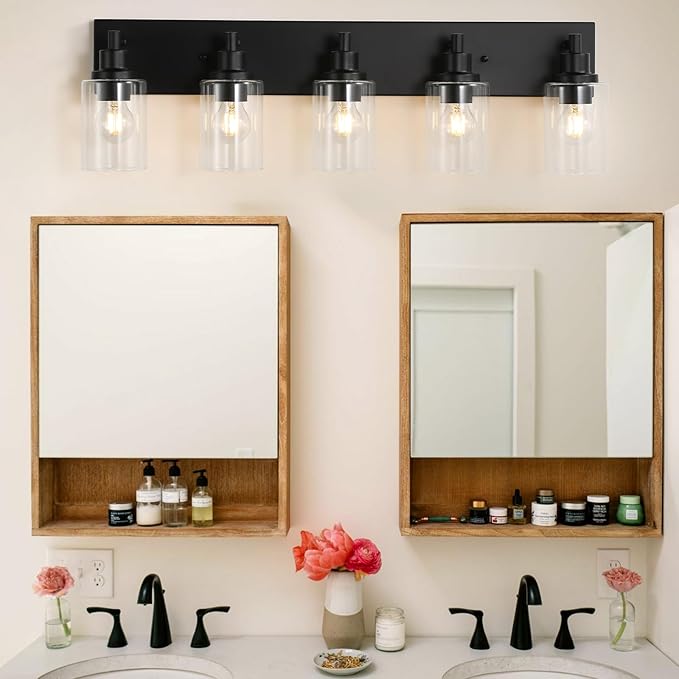 LOUSACE 5 Light Bathroom Vanity Light, Matte Black Bathroom Light Fixtures Over Mirror, Modern Bathroom Lighting with Clear Glass Shade, Black Farmhouse Wall Sconces Lighting Fixture for Bedroom