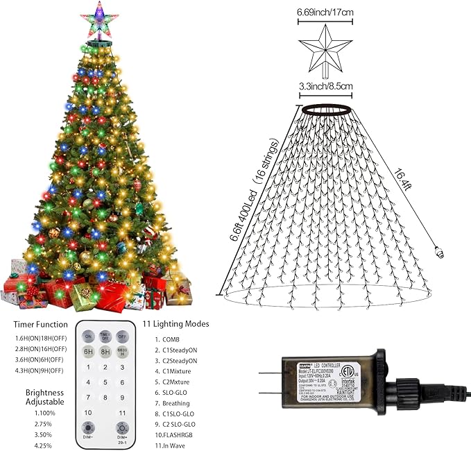 Christmas Tree Lights with Star Topper, 410LED Christmas String Lights with Ring for Tree, 6.6FT x 16 Lines Fairy Lights with 11 Modes for Indoor Outdoor Xmas Tree Decor, Warm White & Multi-Colored