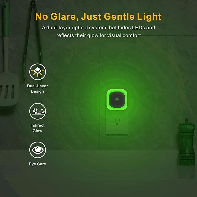 YUNLEX 2 Pack Plug in Night Light with Motion Sensor & Dusk to Dawn Sensor, 3 Sensor Modes, Auto ON/OFF, Dimmable Reflected Light, Calming Green LED for Home Office, Hallway, Bathroom, as Mother Gifts