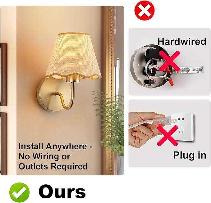 ADISUN Battery Operated Wall Sconce Set of 2, Gold Wall Lamps Rechargeable Bulbs for Living Room, Rattan Shade Wireless Wall Lights for Bedroom Living Room Hallway Kitchen(2 Bulbs Included)