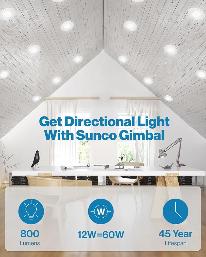 Sunco 5/6 Inch LED Can Lights Retrofit Recessed Lighting, Gimbal Downlight Adjustable, 800 LM, 12W=60W, Selectable CCT 2700K/3000K/3500K/4000K/5000K, Dimmable, Damp Rated UL 4 Pack