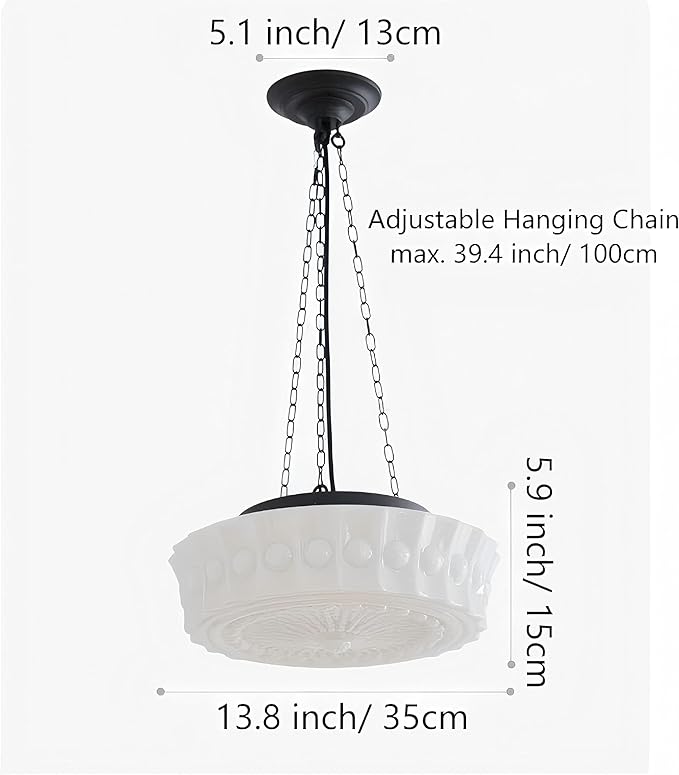 LIGHTLAND Milk Glass Pendant Light, 13.8 Inch Mid Century Semi Flush Mount Ceiling Light Fixture with 39.4 Inch Adjustable Chain, Vintage Chandelier for Bedroom, Living Room, Dining Room, Hallway