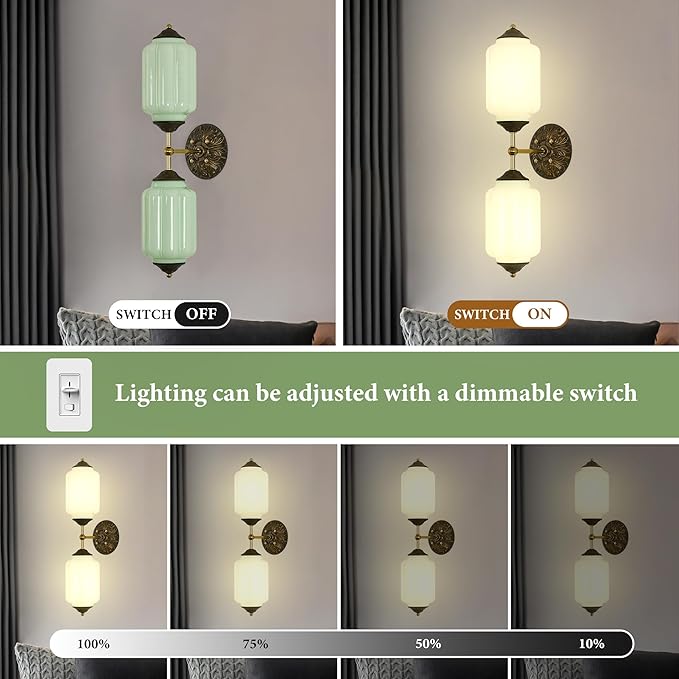 Vintage Milk Glass Bathroom Vanity Light - 25" Green Dimmable Wall Sconce with Bulb - Mid Century Vertical or Horizontal Mounted Sconces - Modern Brass Gold Lighting Fixture for Indoor Bedroom Hallway
