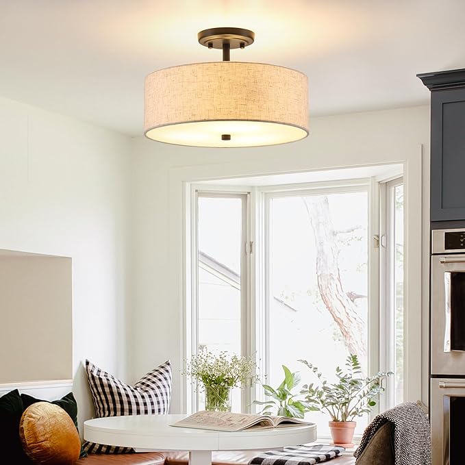13.8 Inch Semi Flush Mount Ceiling Light Fixture, 3-Light Modern Farmhouse Drum Pendant with Fabric Shade for Bedroom Hallway Entryway Living Room (Oatmeal+Black)