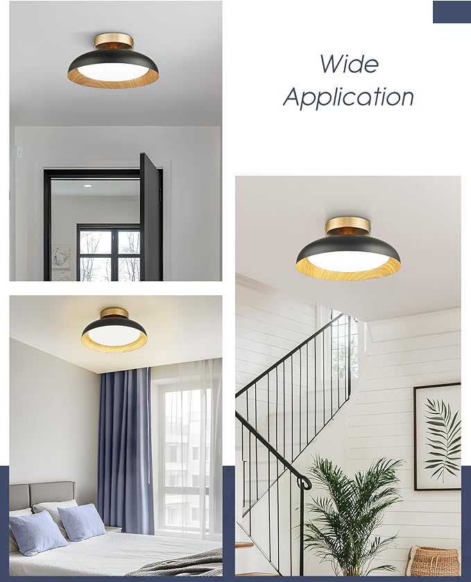 kudos Flush Mount Ceiling Light,12-inch LED Ceiling Light Fixture,Painted Wood-Grain Finish,12W/700lm Hanging Light Fixture for Bedroom,Hallway,3000K/4000K/6000K Adjustable, KDCL10-BK