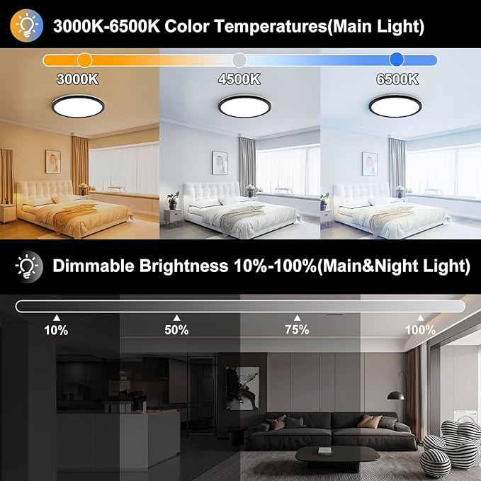 AmazeFan 12Inch LED Flush Mount Ceiling Light with Remote Control, Dimmable Night Light 1800K 3000K/4000K/6500K 24W 2400lm Low Profile Wired Ceiling Lamp for Bedroom LivingRoom Kitchen Hallway-Black