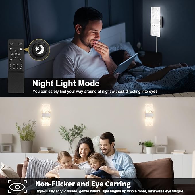 GOODATE Plug in Wall Sconces with Adjustable 3000K-6500K Colors & 10%-100% Brightness, Sconces Wall Decor Set of 2 with Remote Control, 12W Acrylic LED Plug in Wall Light (2 Pack, Corrugated Finish)