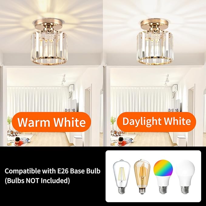 Semi Flush Mount Ceiling Light, Crystal Ceiling Light Gold Chandelier for Kitchen Hallway Entrance Balcony Dining Rooms Living Rooms Bar