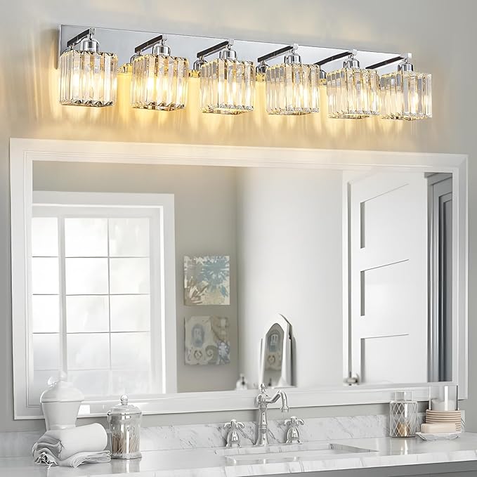 Modern Bathroom Vanity Light 6-Lights Modern Chrome Crystal Bathroom Wall Light Large Vanity Light Fixtures Over Mirror