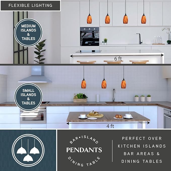 VAXCEL Milano Mini Pendant for Kitchen Island, Oil Rubbed Bronze, Smoky Fire Glass, Dimmable Ceiling Mounted Lighting, Adjustable Height