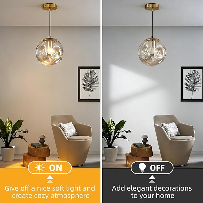 Modern Amber Concave Glass Pendant Light, 3-Pack Kitchen Island Lighting Single Globe Pendant Light Fixtures Century Kitchen Island Pendant Light for Bedroom Dining Room Light (Without Bulbs)