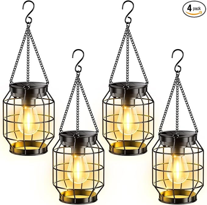 KOOPER Solar Lanterns Outdoor Waterproof, 4 Pack Upgraded Metal Hanging Solar Lights Outdoor Decorative, Brighter Outdoor Hanging Lantern for Yard Patio Pathway Porch Garden Decor, Gift for Women Mom