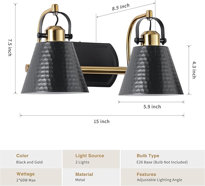 2-Lights Black and Gold Vanity Light, Farmhouse Vanity Light with Rotatable Hammered Shade, Bathroom Light Fixtures Over Mirror, Modern Wall Sconces for Bath Mirror Bedroom Living Room Stair Hallway