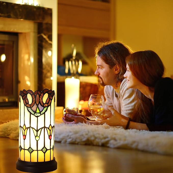 Tiffany Style Table Lamp For Bedroom Blue Dragonfly Stained Glass Nightstand Bedside Night Lamp Party Light Hand-made Art Home Deco Christmas Gifts 2 LED Bulbs (3 Color Temperatures+Flame Bulb)