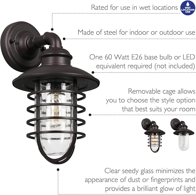 Design House 588970-BRZ Stevenson Rustic Industrial 1-Light Indoor Outdoor Dimmable Wall Light with Clear Seedy Glass and Metal Wire Shade for Kitchen Hallway Bedroom Bathroom Patio, Bronze