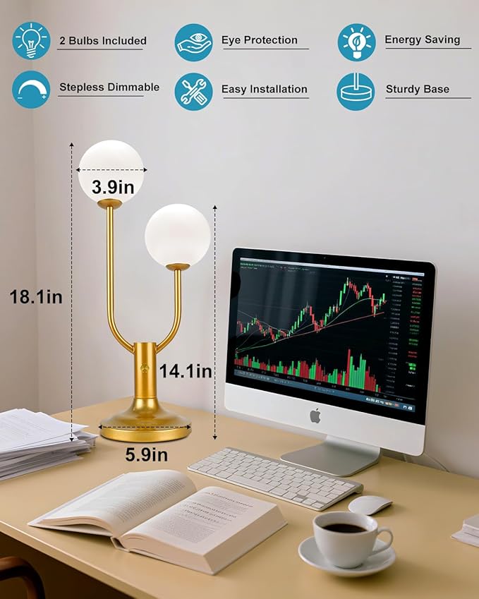 Lightdot Globe Table Lamp for Bedroom Mid Century Modern Gold Small Desk Lamp Dimmable 3000K Warmwhite Nightstands Lamp Bedside Table Lamp for Living Room Home Office(G9 Bulbs Included)