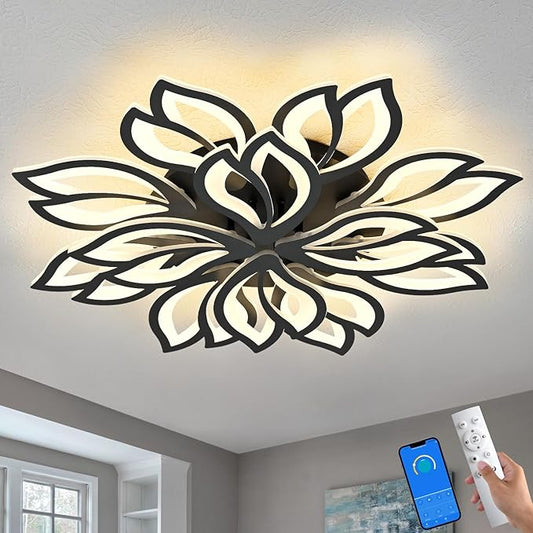 HuixuTe Modern Black Flower Ceiling Light Fixture, 30 Inch Dimmable Flush Mount with 12 Leaves, Low Profile for Living Room, Dining Room, Bedroom