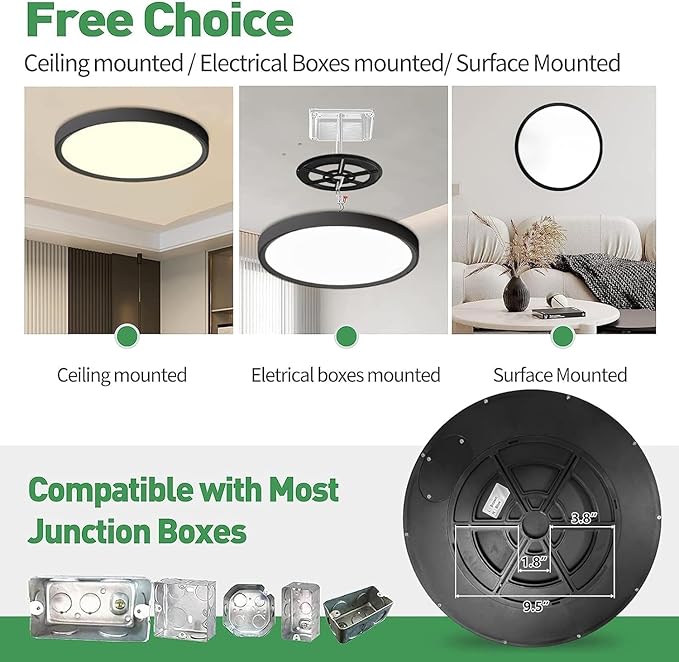 15.8 Inch Dimmable LED Flush Mount Ceiling Light, 32W, 3480LM, 3000K/3700K/4000K/5000K/6000K, Round Flat Panel Low Profile Ceiling Light Fitures for Hallway, Kitchen, Bedroom, 2PK Black