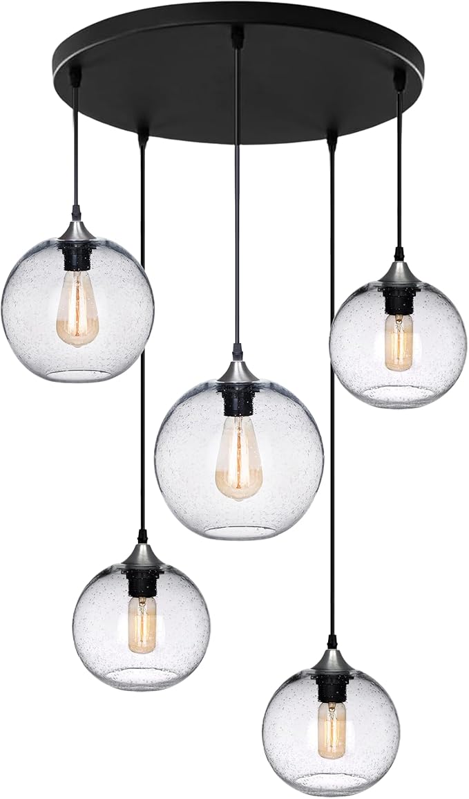 ARIAMOTION Glass Cluster Chandelier 5-Lights Pendant Lights Modern Rustic Seeded Bubbles Globe Ceiling Hanging Fixtures Entryway Hallway Dining Living Room Stair Group Lamp 7-9 Inch Diam