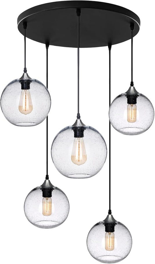 ARIAMOTION Glass Cluster Chandelier 5-Lights Pendant Lights Modern Rustic Seeded Bubbles Globe Ceiling Hanging Fixtures Entryway Hallway Dining Living Room Stair Group Lamp 7-9 Inch Diam