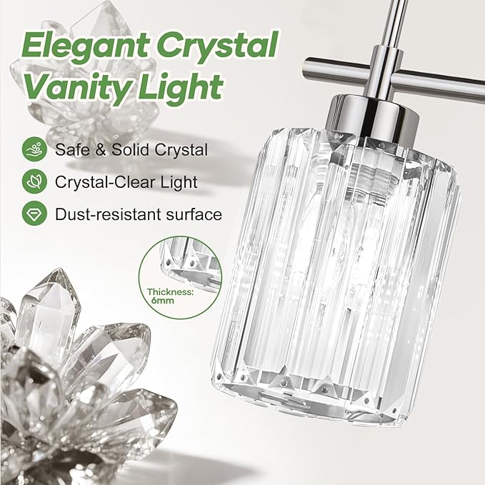 Modern Crystal Bathroom Vanity Light, 3-Light Chrome Vanity Light with Clear K9 Crystal Shades, Bathroom Light Fixtures Over Mirror (Bulbs Not Included)