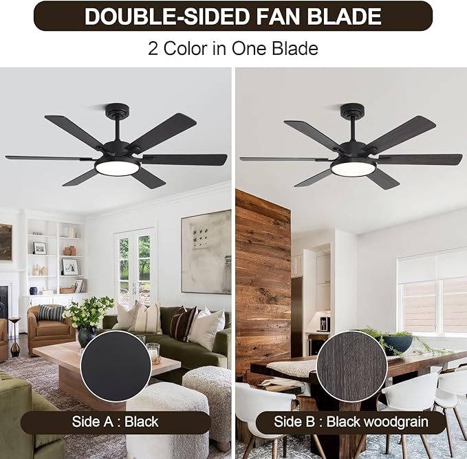 52in Black Low Profile Ceiling Fan with Light, Remote Control, 6 Blades, Dimmable LED, Flush Mount, Reversible, 6 Speeds, Ultra Quiet, Indoor Use, Bonus Wall Switch, Outdoor Rated
