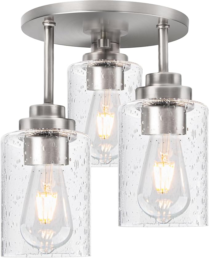 hykolity 3-Light Semi Flush Mount Ceiling Light, 9 Inch Brush Nickel Close to Ceiling Light Fixtures with Seeded Glass Shades, Modern Ceiling Lighting for Kitchen, Bedroom, Entryway, ETL Listed