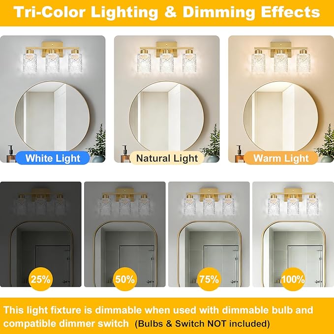 Brushed Gold Bathroom Light Fixtures, 3-Light Modern Bathroom Vanity Wall Light, Vanity Lights for Mirror, Wall Sconces with Clear Textured Glass (E26 Socket, Bulbs Not Included)