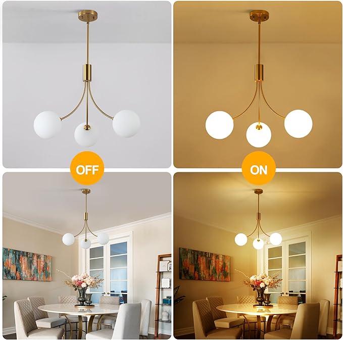 CNRATYE 3-Light Modern Farmhouse Gold Chandeliers for Dining Room, Mid Century Pendant Lights Kitchen Island, Globe Sputnik Chandelier for Entryway Living Room Bedroom Office Bathroom
