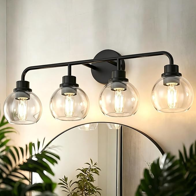 DORESshop Built to Last 20 Years Bathroom Light Fixtures, 4-Light Vanity Lights Over Mirror, Black Wall Lamp with Clear Glass for Living Room Decor Bedroom Porch Cabinet