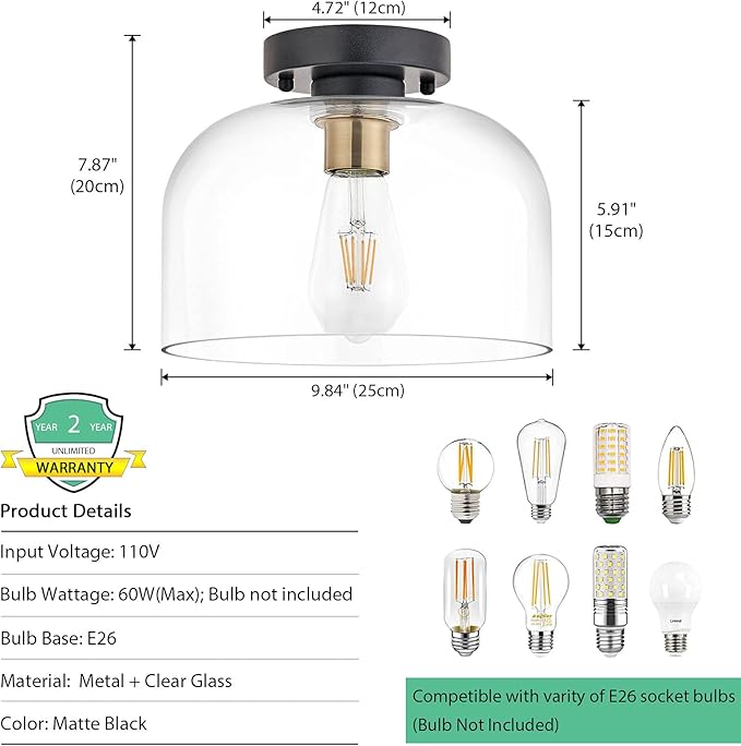 Farmhouse Flush Mount Light, 9.84 inches Clear Glass,Brush Gold Socket,Matte Black Ceiling Light Fixture for Hallway, Entryway, Laundry Room