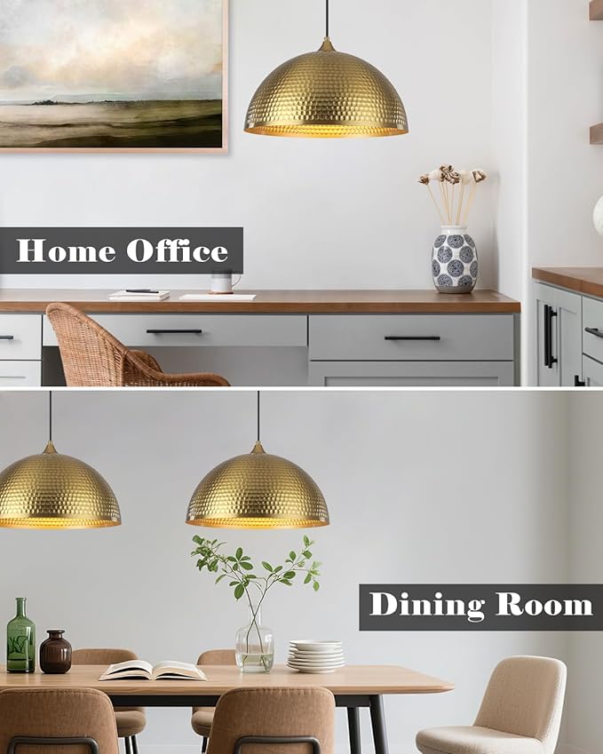 Gold Pendant Light 16 inch, Hammered Large Dome Pendant Light, Industrial Farmhouse Pendant Lights Kitchen Island, Oversize Gold Kitchen Pendant Lights for Kitchen, Dining Room 3 Packs