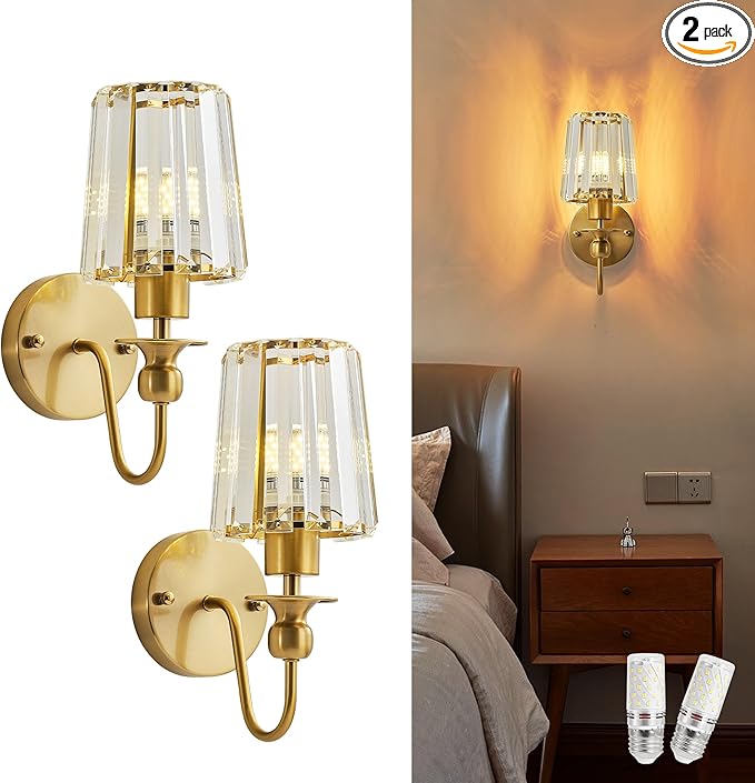 KARTOOSH Hardwired Crystal Wall Sconces Set of Two - Dimmable Wall Light Fixtures 3000K, Warm White, for Hallway, Bathroom, Living Room, Bedroom, Brass, 11.2 Inch