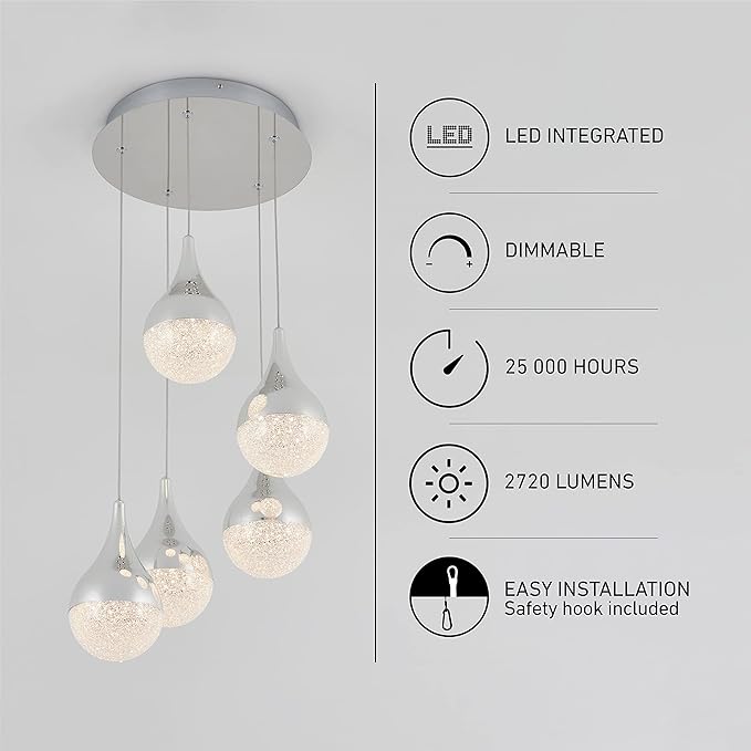 Artika PDT-5GL-RN Glitzer 5-LED Integrated Pendant Light Spiral, Silver, 5-Lights
