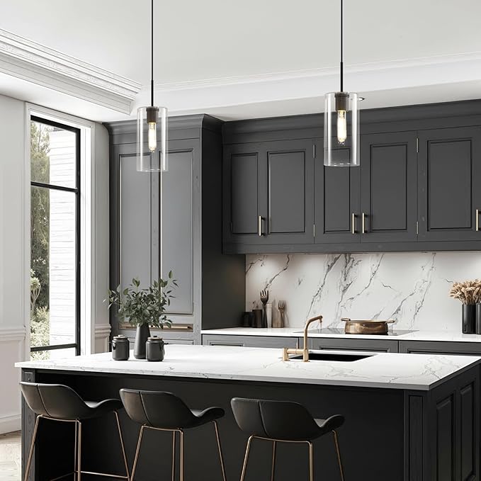 Matte Black Glass Pendant Light: Seeded Clear Glass Pendant Light over Kitchen Island set of 2 - Minimalist Hanging Lights with Short Tube - Height Adjustable Pendants Lighting Fixture for Dining Room
