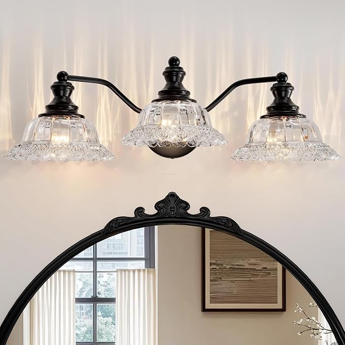 Espird Black Bathroom Light Fixtures Over Mirror, 3 Light Vintage Bathroom Vanity Light Fixture with Clear Flower Glass Shades, Retro Matte Black Wall Sconce E26 Vanity Lights for Bathroom