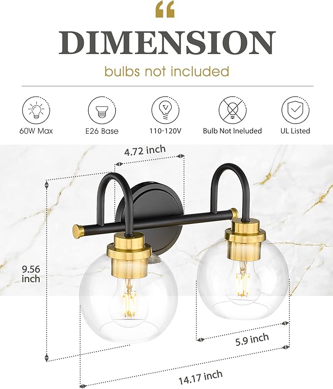 Bathroom Light Fixtures, 2-Light Black and Gold Vanity Lights with Globe Clear Glass, Modern Vanity Lighting Fixtures Over Mirror, AD-22280-2W-KG