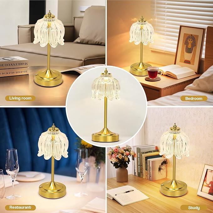 Cordless Lotus Flower Table Lamp, 5200mAh Rechargeable Battery Operated Portable Lamp, 3-Color Dimmable Touch Control Small Desk Lamp for Bedroom, Office, Kitchen, Nightstand,Room Decor (Flower Clear)