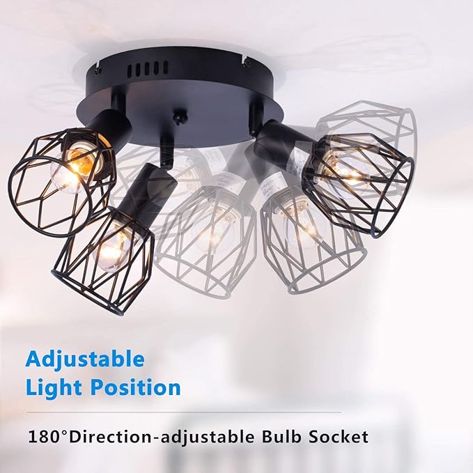 Industrial Semi Flush Mount Ceiling Light, 3-Light Multi-Directional Ceiling Light Fixtures, Vintage Black Metal Wire Cage Farmhouse Pendant Lighting for Kitchen Dining Room Hallway Foyer Bedroom E26