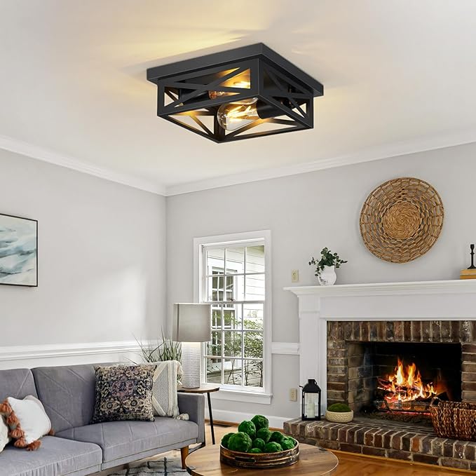ZHU YAN Farmhouse Ceiling Lights Flush Mount,2-Light Hallway Light Fixtures,Square Black Flush Mount Ceiling Light Fixture for Bedroom Living Room Kitchen Hallway E26
