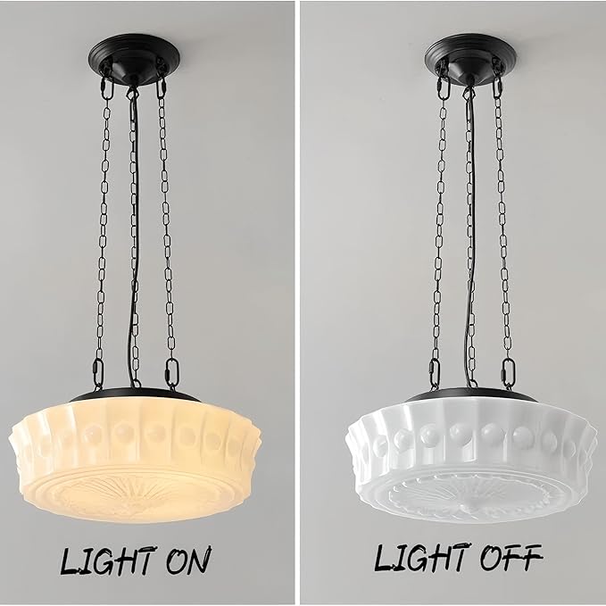 LIGHTLAND Milk Glass Pendant Light, 13.8 Inch Mid Century Semi Flush Mount Ceiling Light Fixture with 39.4 Inch Adjustable Chain, Vintage Chandelier for Bedroom, Living Room, Dining Room, Hallway