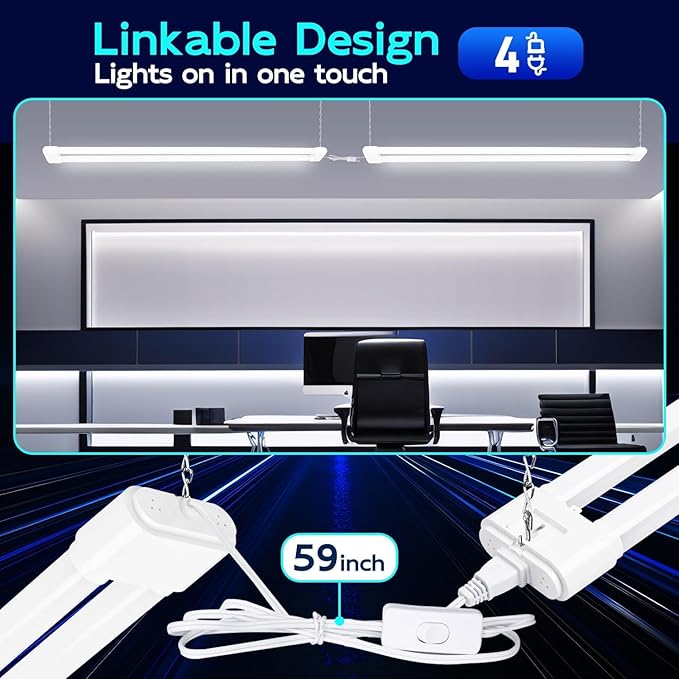 hykolity 4 Pack Linkable LED Shop Light, 4FT 44W [300W Equivalent], 4600lm, 5000K Daylight, Plug-in Utility Bay Light Fixture, Hanging or Surface Mount, White - Energy Efficient Lighting Solution