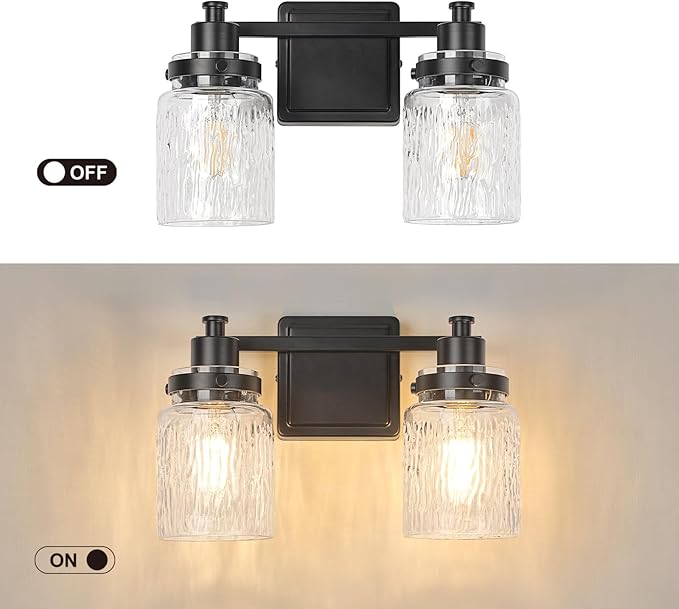 2 Lights Bathroom Light Fixtures Farmhouse Black Vanity Lights for Bathroom Lighting Fixtures Over Mirror with Hammered Glass Lampshade for Cabinet Mirror Bedroom Hallway