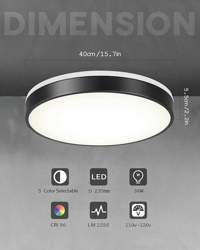 Ken & Ricky Flush Mount Ceiling Light, Dimmable Led Close to Ceiling Light Fixtures for Kitchen Bathroom Bedroom Hallway 5cct (Black, 16 Inch)