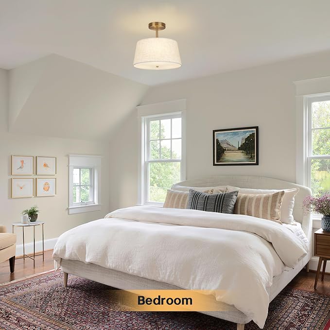 Cone-Shaped Semi Flush Mount Modern Ceiling Light Fixture, 3-Light Drum Lamp with Gold Brass Finish and Beige Fabric Shade for Bedroom, Kitchen, Dining Room, Hallway, Entryway, and Foyer
