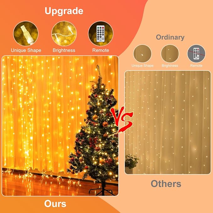 THKFUL Fairy Curtain Lights,20 x6.6FT 408LED Warm White Curtain String Lights Plug in,Backdrop Hanging Fairy Lights Connectable,Waterproof Remote for Bedroom Balcony Garden