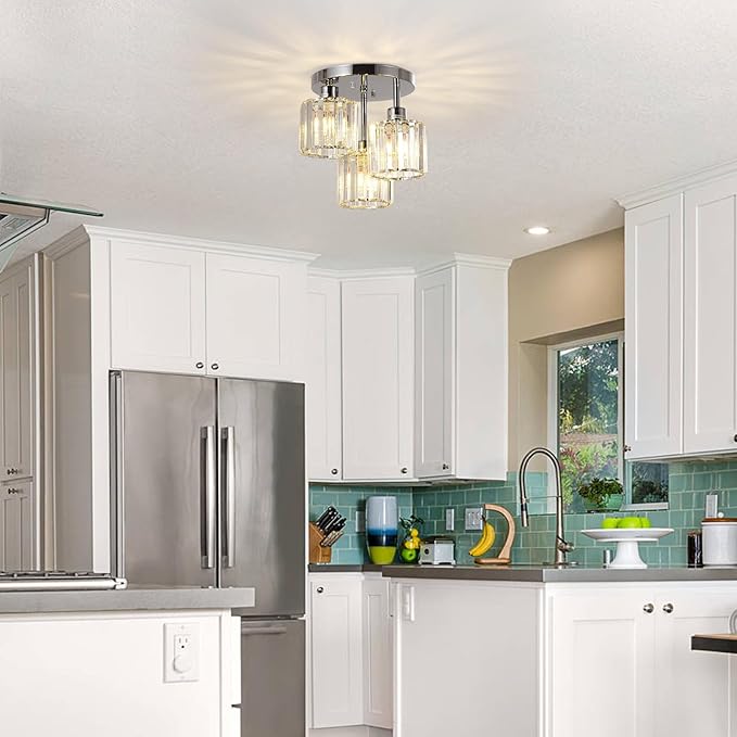 Semi Flush Mount Ceiling Light,3-Light Modern Close to Ceiling Light Fixtures,Kitchen Light with Clear Crystal Shades, Hallway Light Fixtures for Kitchen Entryway Bedroom Bathroom Foyer